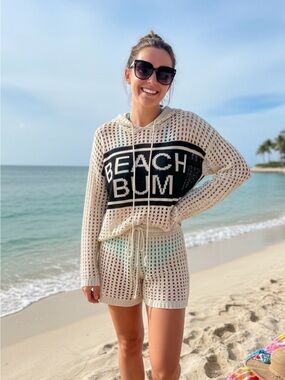 Beach Bum Crochet Hoodie & Shorts Coverup Set - Cream/Black